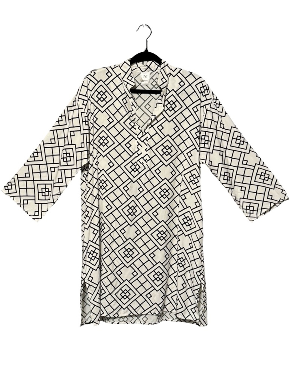 Natori White and Black Geometric 3/4 Sleeve Lightweight Mini Caftan Dress small